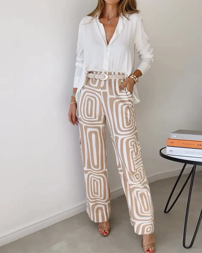 Women's Geometric Print Wide Leg Pants Set with Belt