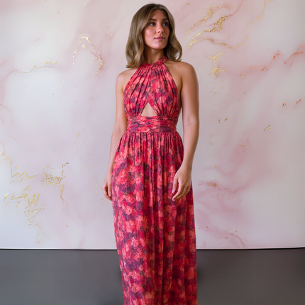 Women's Halter Maxi Wedding Guest Dress with Floral Print