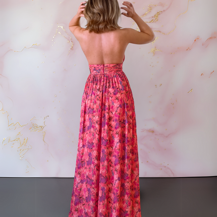 Women's Halter Maxi Wedding Guest Dress with Floral Print