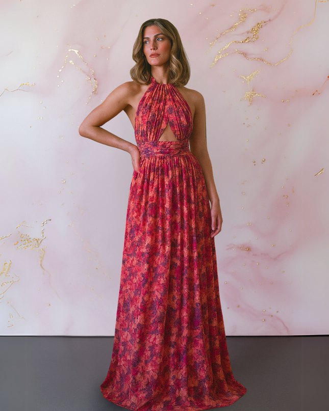 Women's Halter Maxi Wedding Guest Dress with Floral Print