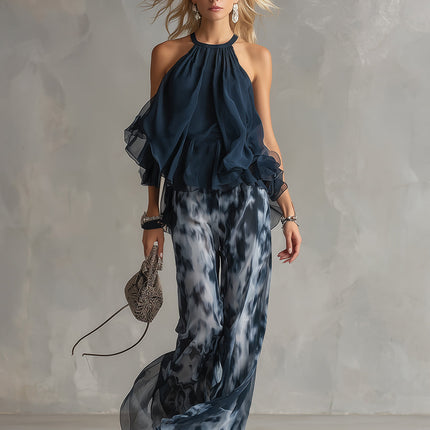 Women's Halter Top and Wide Leg Pants Set Printed Chiffon