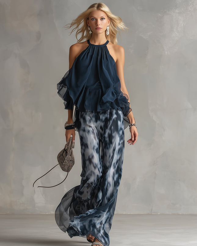 Women's Halter Top and Wide Leg Pants Set Printed Chiffon
