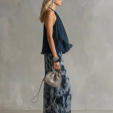 Women's Halter Top and Wide Leg Pants Set Printed Chiffon