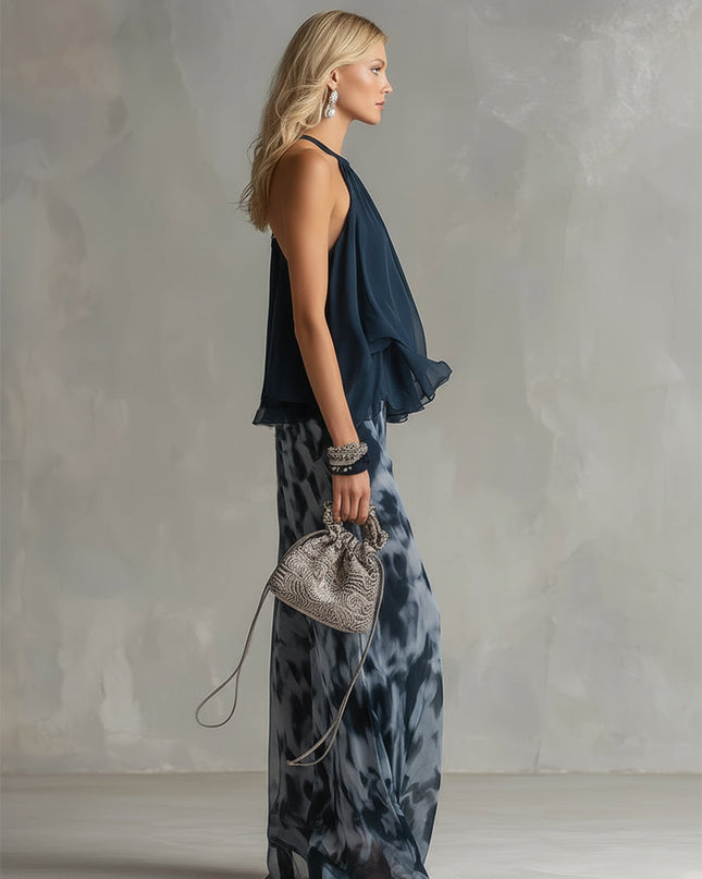 Women's Halter Top and Wide Leg Pants Set Printed Chiffon