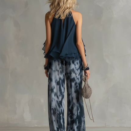 Women's Halter Top and Wide Leg Pants Set Printed Chiffon