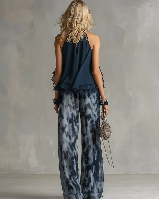 Women's Halter Top and Wide Leg Pants Set Printed Chiffon