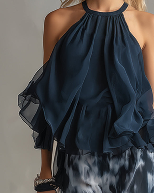 Women's Halter Top and Wide Leg Pants Set Printed Chiffon