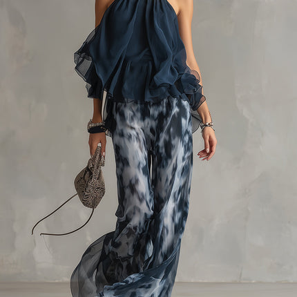 Women's Halter Top and Wide Leg Pants Set Printed Chiffon