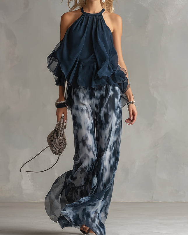 Women's Halter Top and Wide Leg Pants Set Printed Chiffon