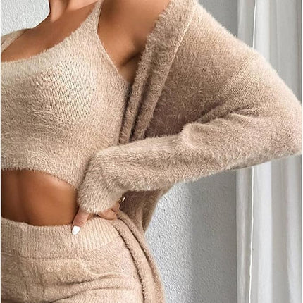 Women's Knit Lounge Set Cardigan Crop Top and Drawstring Pants