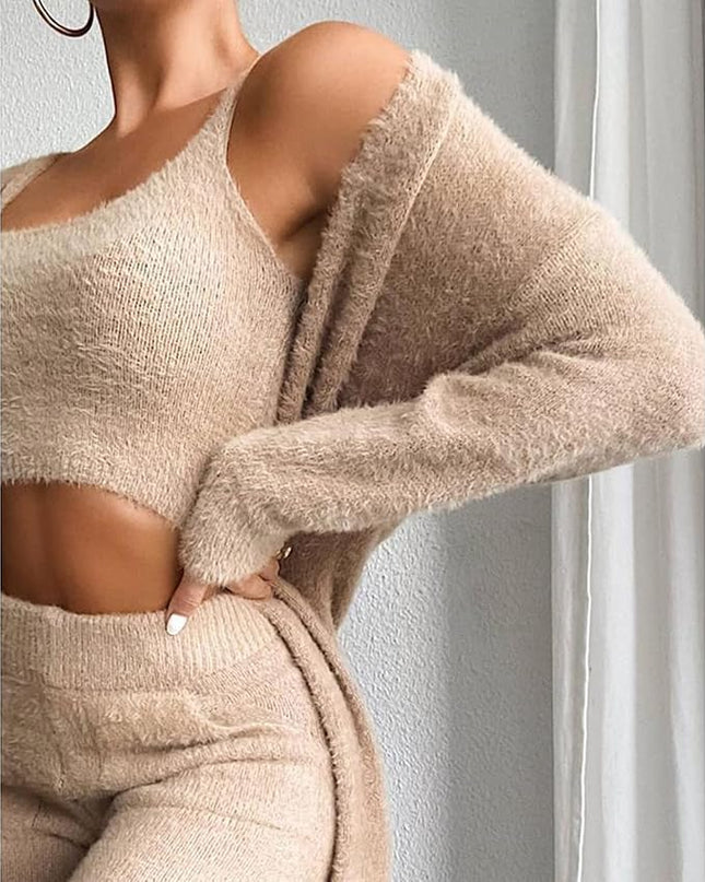 Women's Knit Lounge Set Cardigan Crop Top and Drawstring Pants