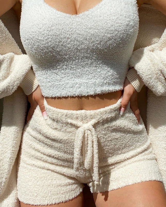 Women's Knit Lounge Set Cardigan Crop Top and Drawstring Pants