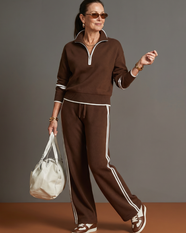 Women's Knit Lounge Set Half Zip Top and Wide Leg Pants
