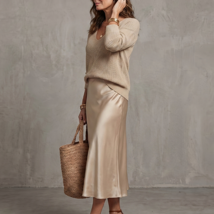 Women's Knit Top and Satin Maxi Skirt Set