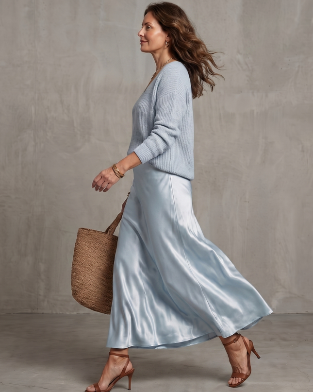 Women's Knit Top and Satin Maxi Skirt Set