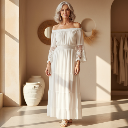 Women's Lace Sleeve Boho Maxi Dress