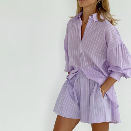 Women's Lightweight Summer Shorts Set Button Front Shirt