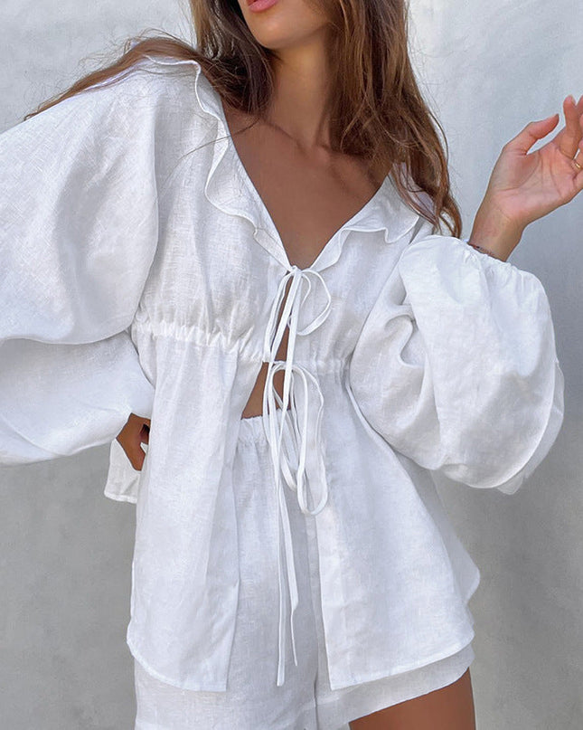 Women's Lightweight Summer Shorts Set Ruffle Tie Front Blouse