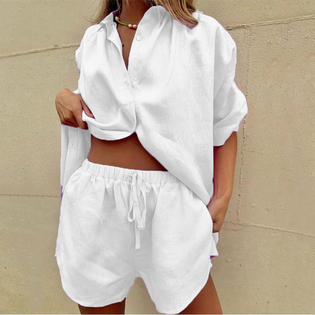 Women's Linen Summer Shorts Set Button Front Shirt
