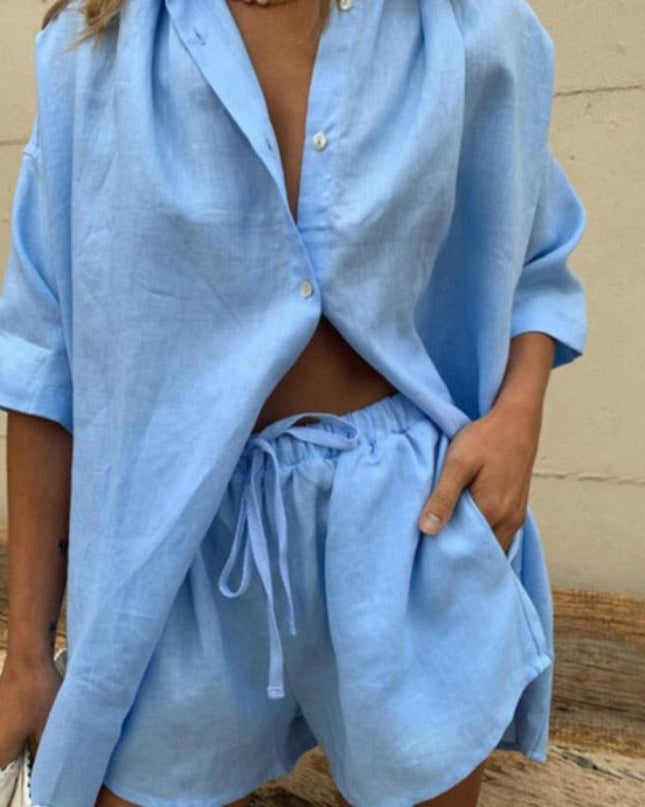 Women's Linen Summer Shorts Set Button Front Shirt