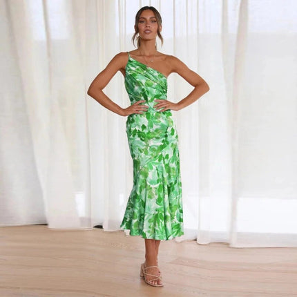 Women's One Shoulder Midi Wedding Guest Dress with Floral Print
