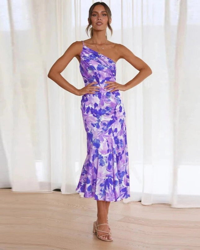 Women's One Shoulder Midi Wedding Guest Dress with Floral Print