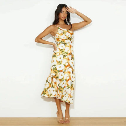 Women's One Shoulder Midi Wedding Guest Dress with Floral Print