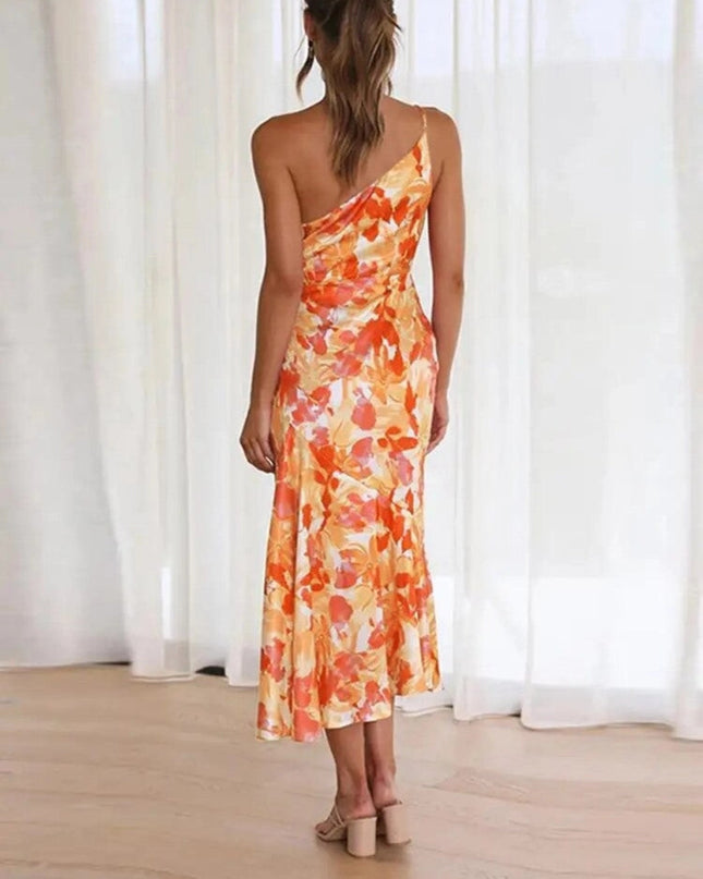 Women's One Shoulder Midi Wedding Guest Dress with Floral Print