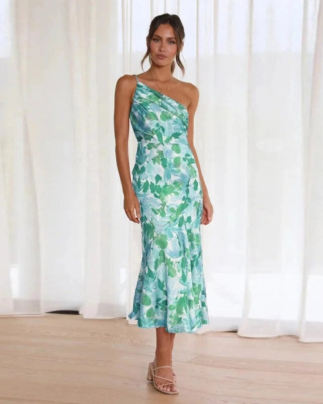 Women's One Shoulder Midi Wedding Guest Dress with Floral Print