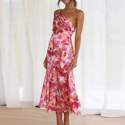 Women's One Shoulder Midi Wedding Guest Dress with Floral Print