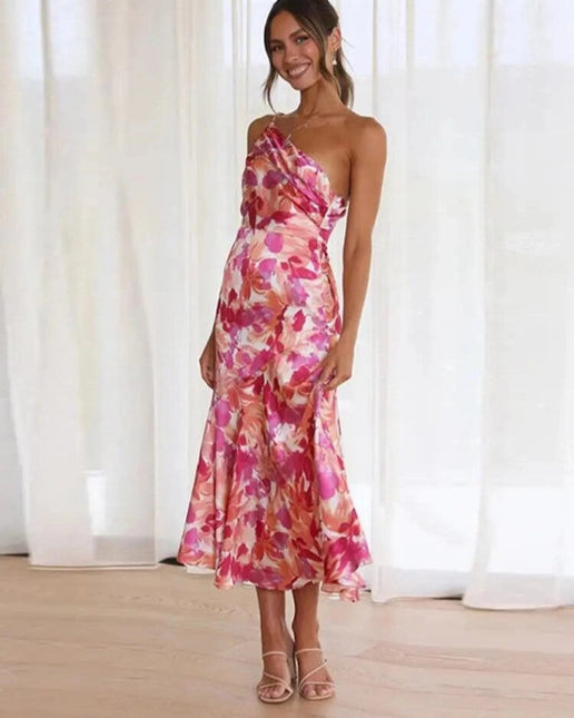 Women's One Shoulder Midi Wedding Guest Dress with Floral Print