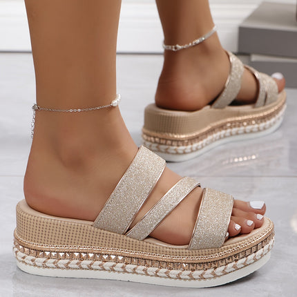 Women's Platform Slide Sandals Glitter Strap Design