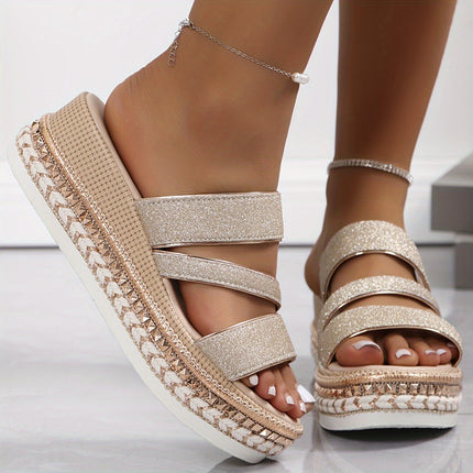Women's Platform Slide Sandals Glitter Strap Design