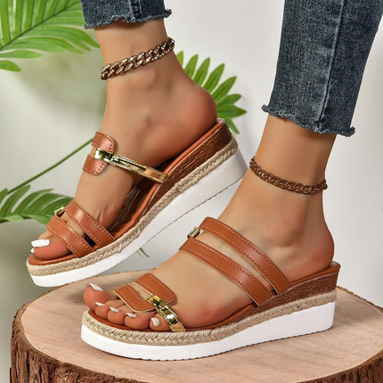 Women's Platform Wedge Vacation Sandals Metallic Strap Detail