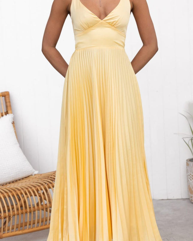 Women's Pleated Midi Wedding Guest Dress with V-Neckline