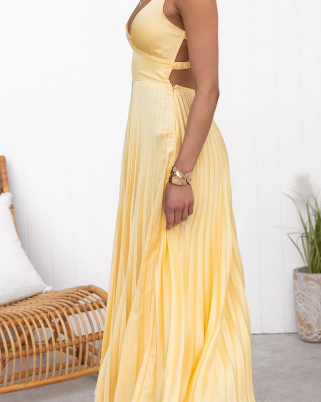Women's Pleated Midi Wedding Guest Dress with V-Neckline