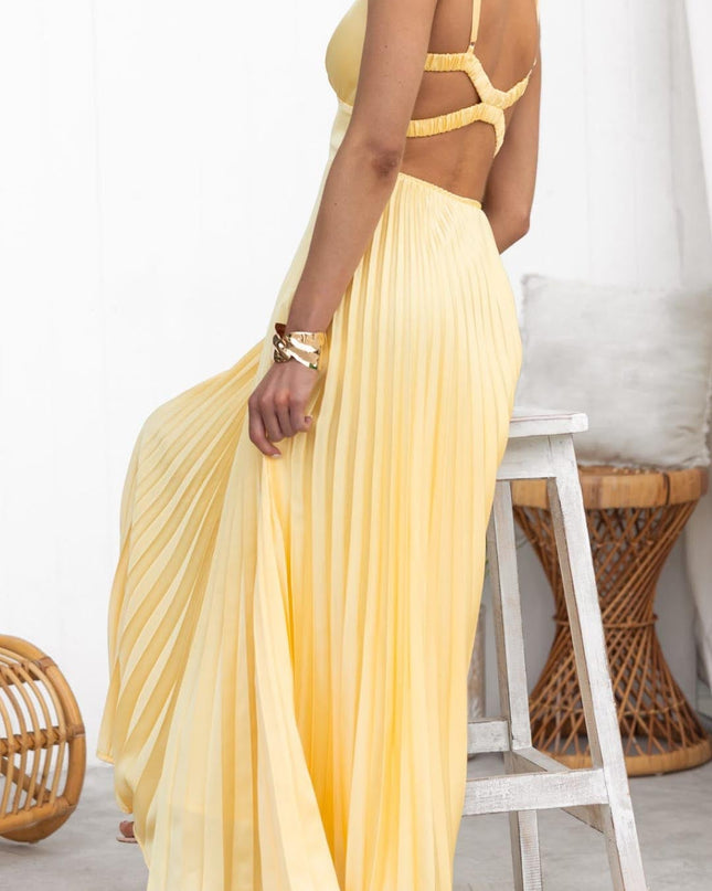Women's Pleated Midi Wedding Guest Dress with V-Neckline