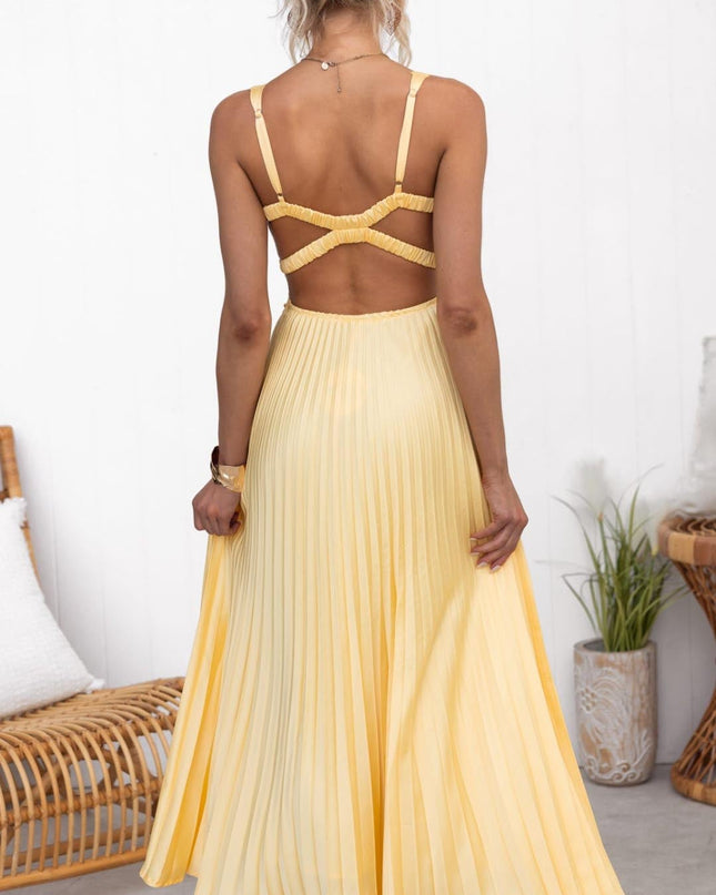 Women's Pleated Midi Wedding Guest Dress with V-Neckline