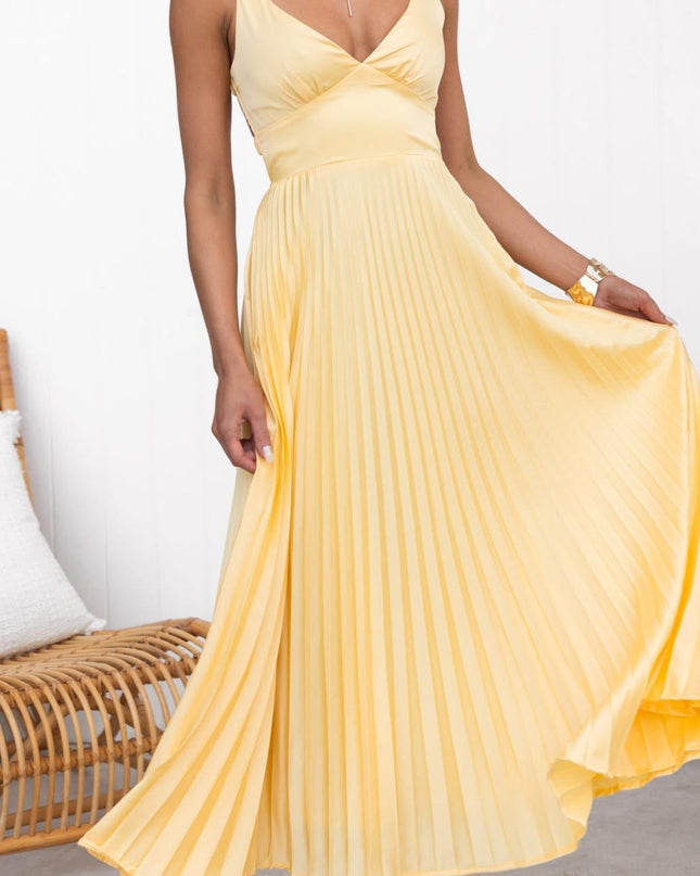 Women's Pleated Midi Wedding Guest Dress with V-Neckline
