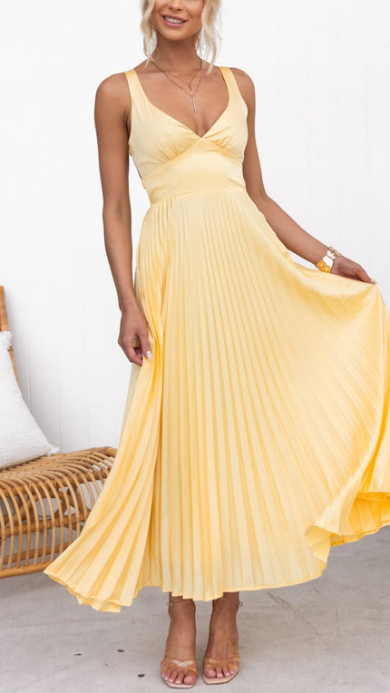 Women's Pleated Midi Wedding Guest Dress with V-Neckline