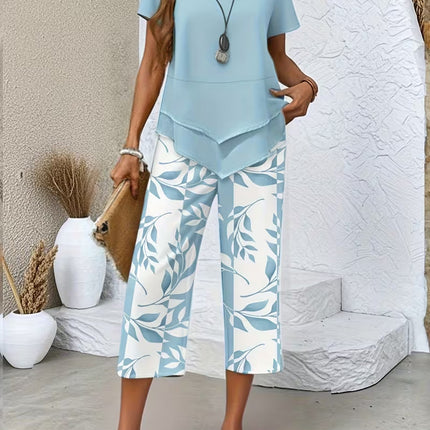 Women's Printed Cropped Pants Set Asymmetric Hem Top