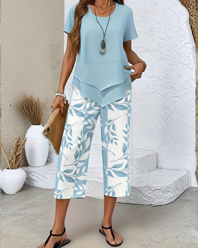 Women's Printed Cropped Pants Set Asymmetric Hem Top