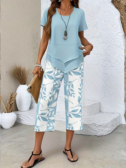 Women's Printed Cropped Pants Set Asymmetric Hem Top