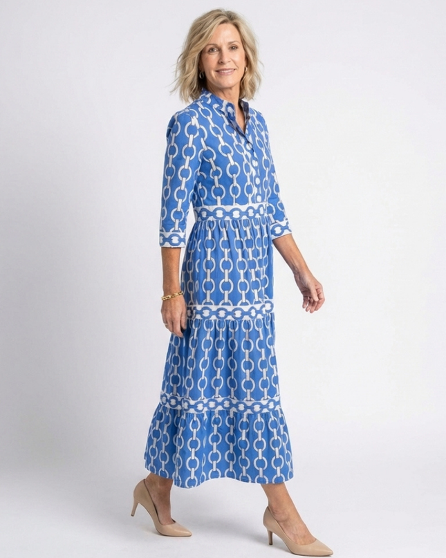 Women's Printed Midi Dress with Tiered Skirt