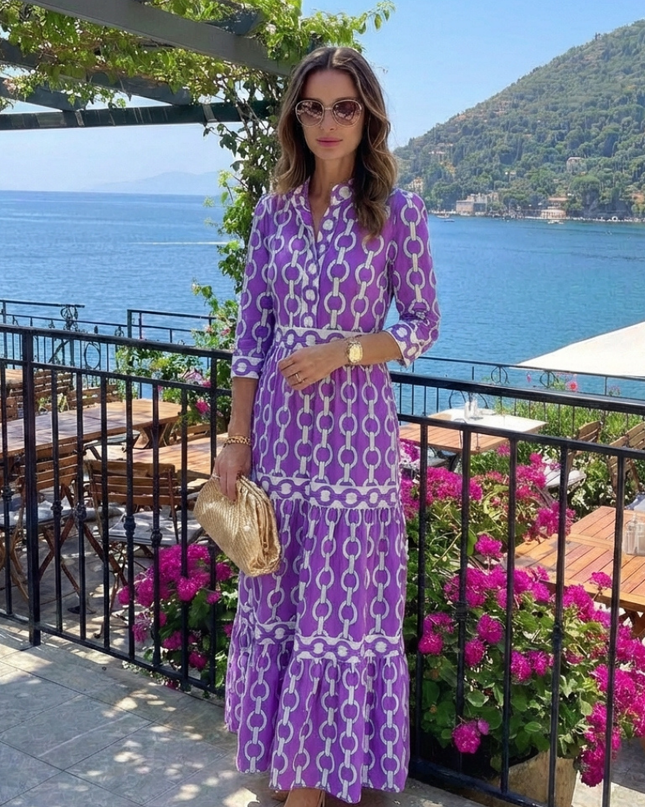 Women's Printed Midi Dress with Tiered Skirt