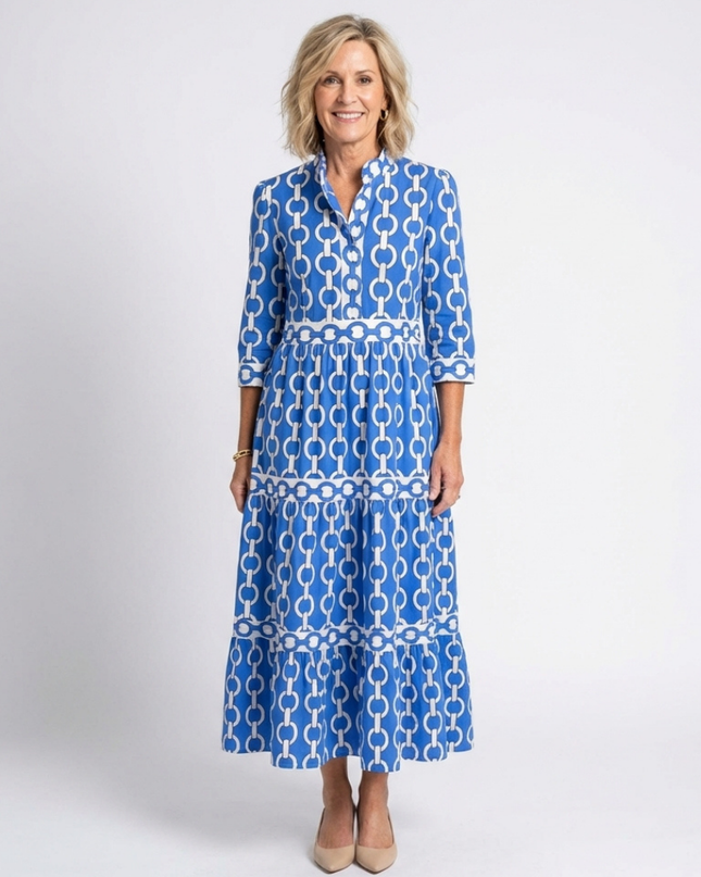 Women's Printed Midi Dress with Tiered Skirt