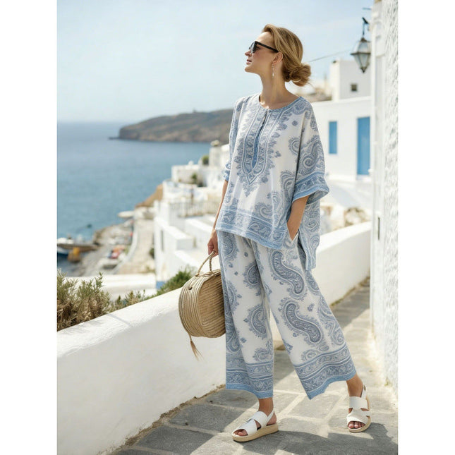 Women's Printed Wide Leg Pants Set Poncho Top