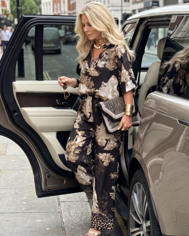 Women's Printed Wide Leg Pants Set Short Sleeve Top