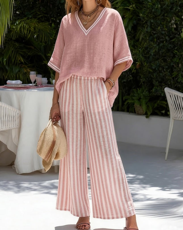 Women's Printed Wide Leg Pants Set V Neck Top