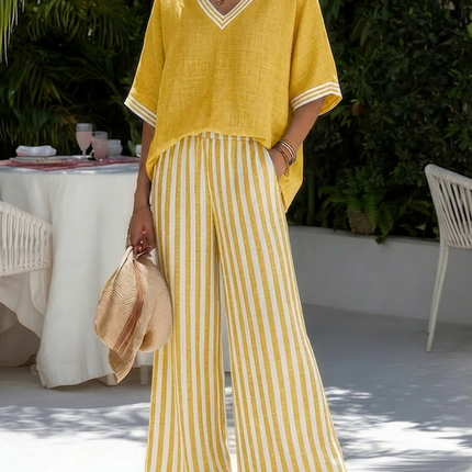 Women's Printed Wide Leg Pants Set V Neck Top